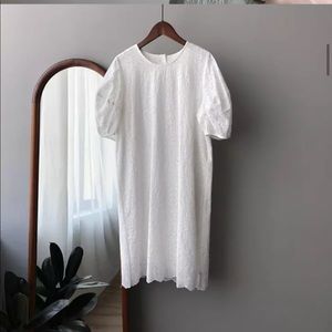 Summer Korean Version of Pure Cotton Dress Women's Mid-length Hollow Lace O-Neck